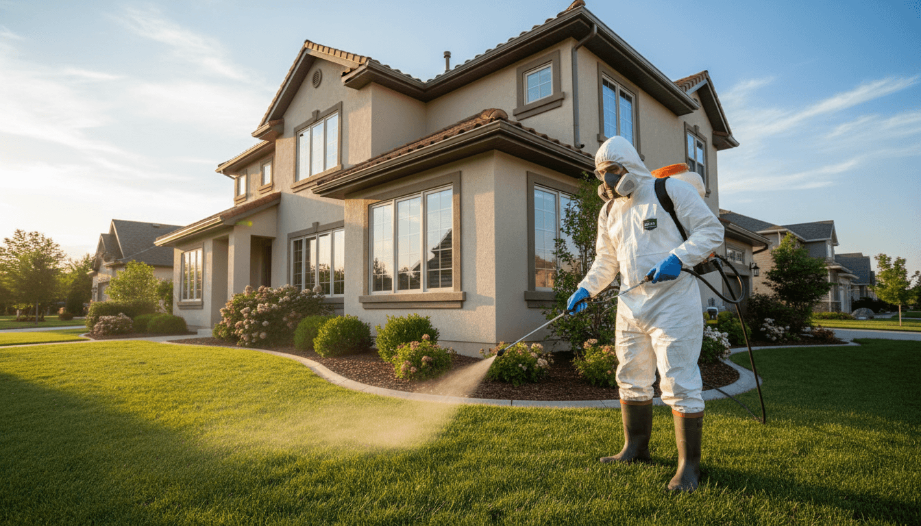 Pest control technician applying protective barrier spray around home perimeter